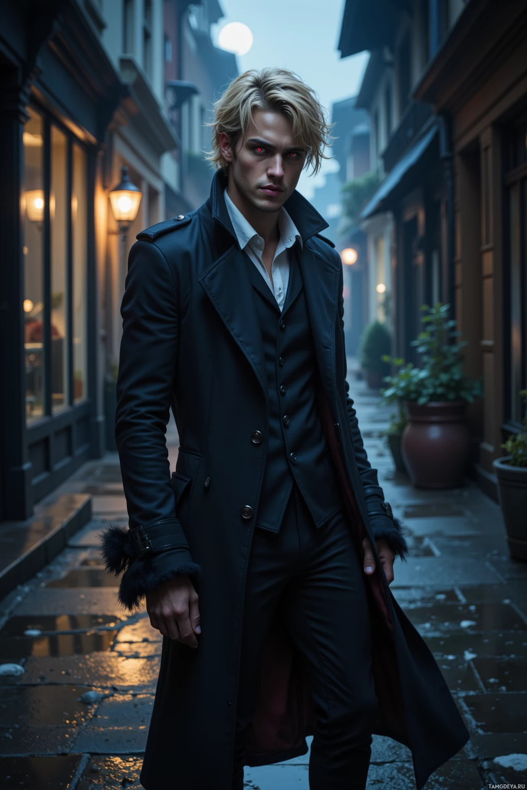 A man in a dark coat stands on a wet street at dusk.