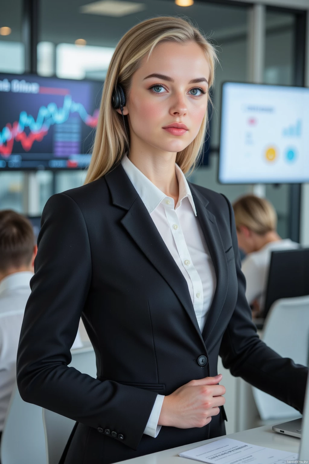 A professional woman in a suit stands in an office setting.