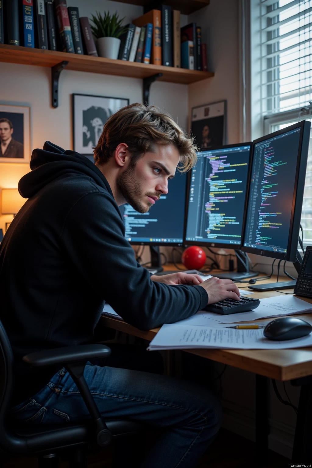 A person is working at a desk with two computer monitors displaying code, surrounded by books and framed pictures.