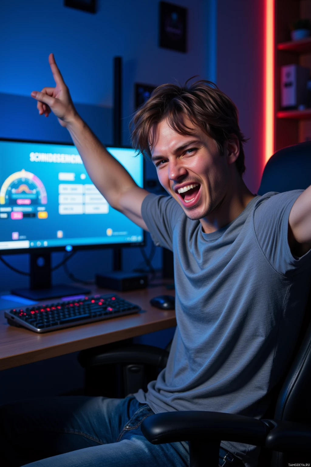 A person celebrates enthusiastically in a dimly lit room with a computer setup.