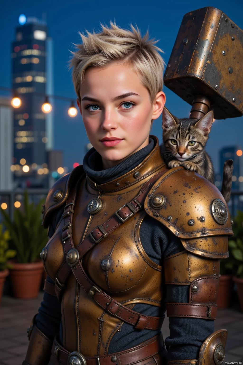 A person in a detailed, metallic armor stands against a cityscape backdrop.