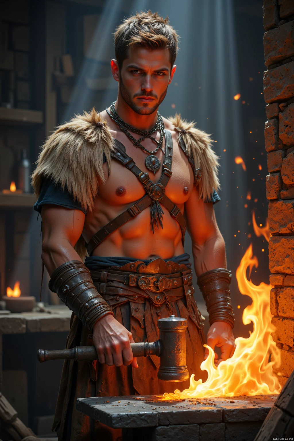 A muscular man in a fur-trimmed leather outfit holds a hammer near a forge with flames.