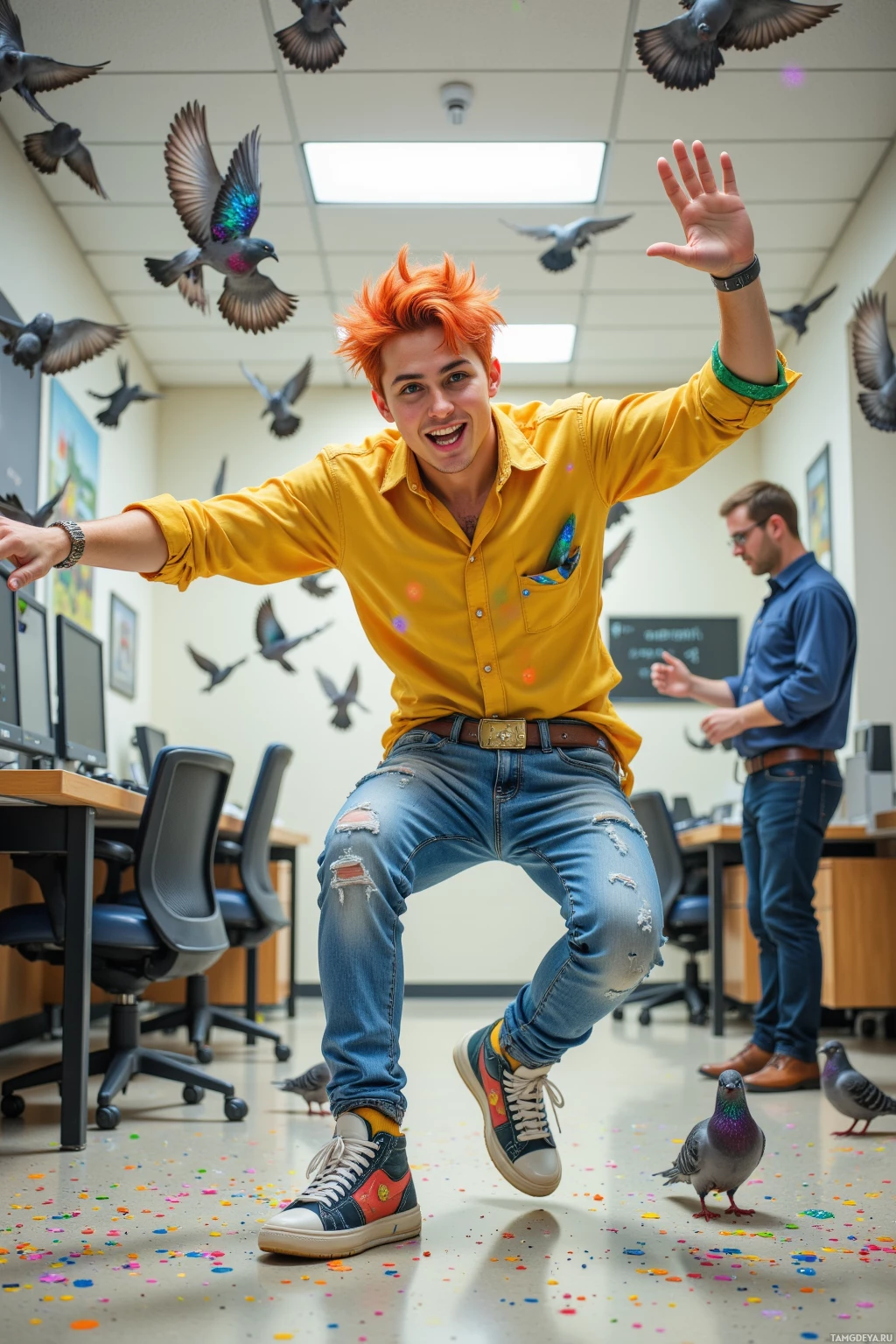 A person in a yellow shirt and jeans dances joyfully in an office setting with pigeons flying around.