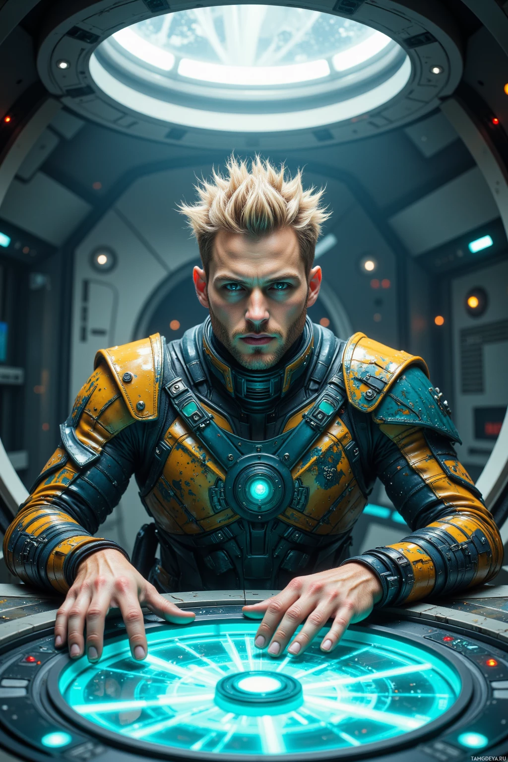 A person in futuristic armor stands in a high-tech environment, hands resting on a glowing circular interface.