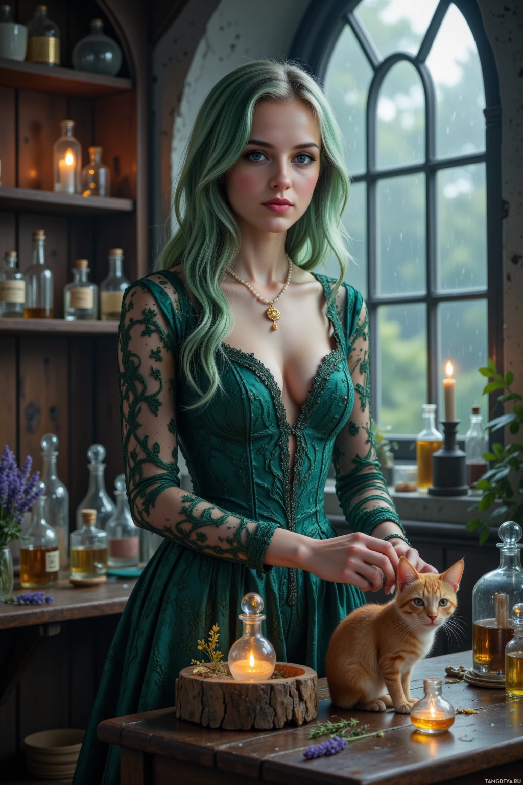 A woman in a green dress stands by a window with a cat and candles on a table.