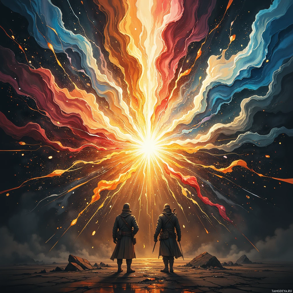 Two figures stand facing a radiant, colorful explosion in a dark, starry sky.
