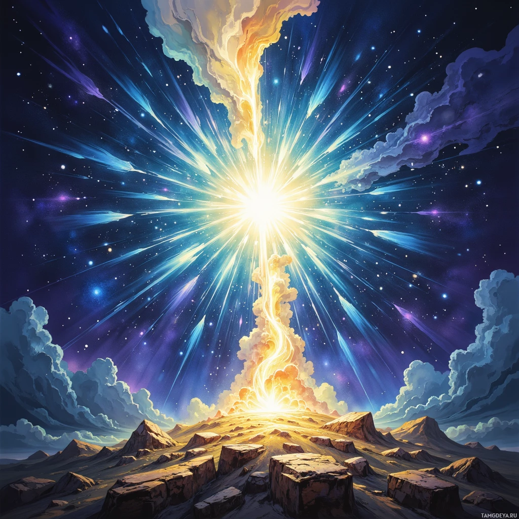 A vibrant cosmic scene with a bright, radiant light source emitting beams of light and colorful clouds against a starry night sky.