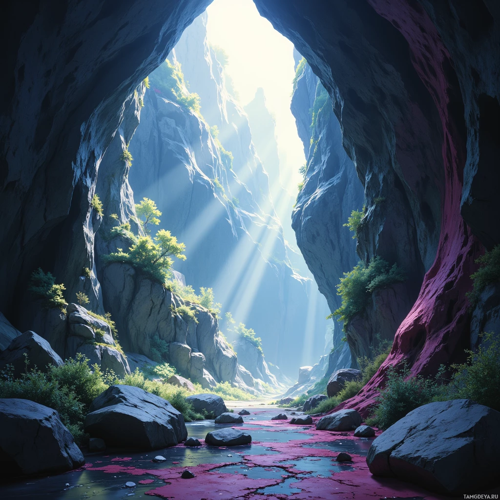 A serene canyon with sunlight streaming through the rocky cliffs.