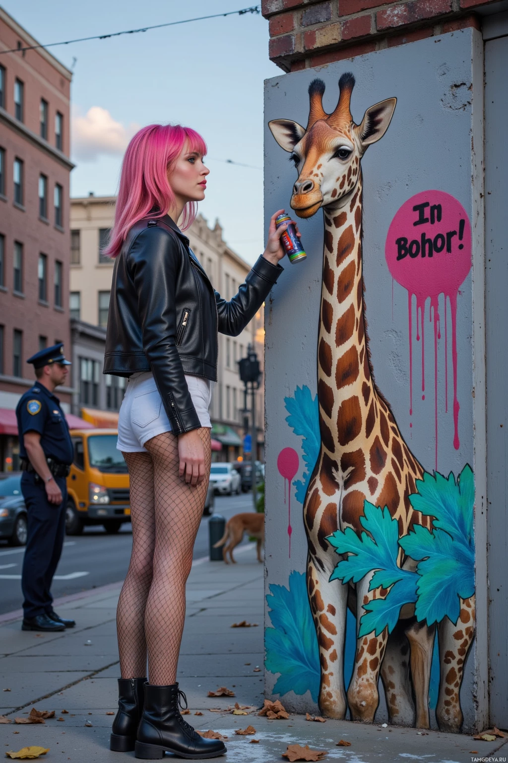 A woman with pink hair stands beside a painted giraffe mural on a city sidewalk.