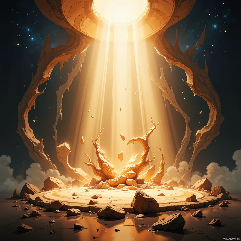 A glowing portal with beams of light and floating debris in a cosmic setting.