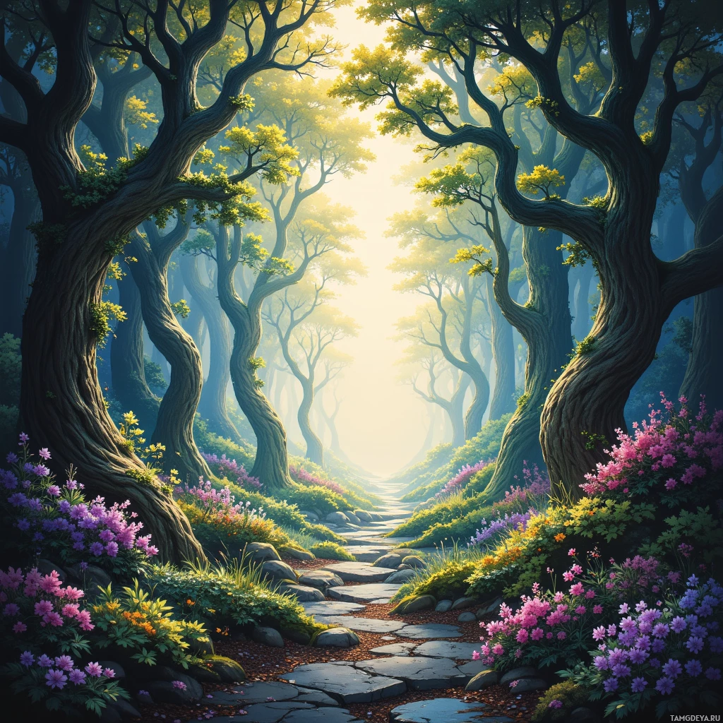 A serene forest scene with a winding stone path, vibrant flowers, and tall, twisted trees bathed in soft sunlight.