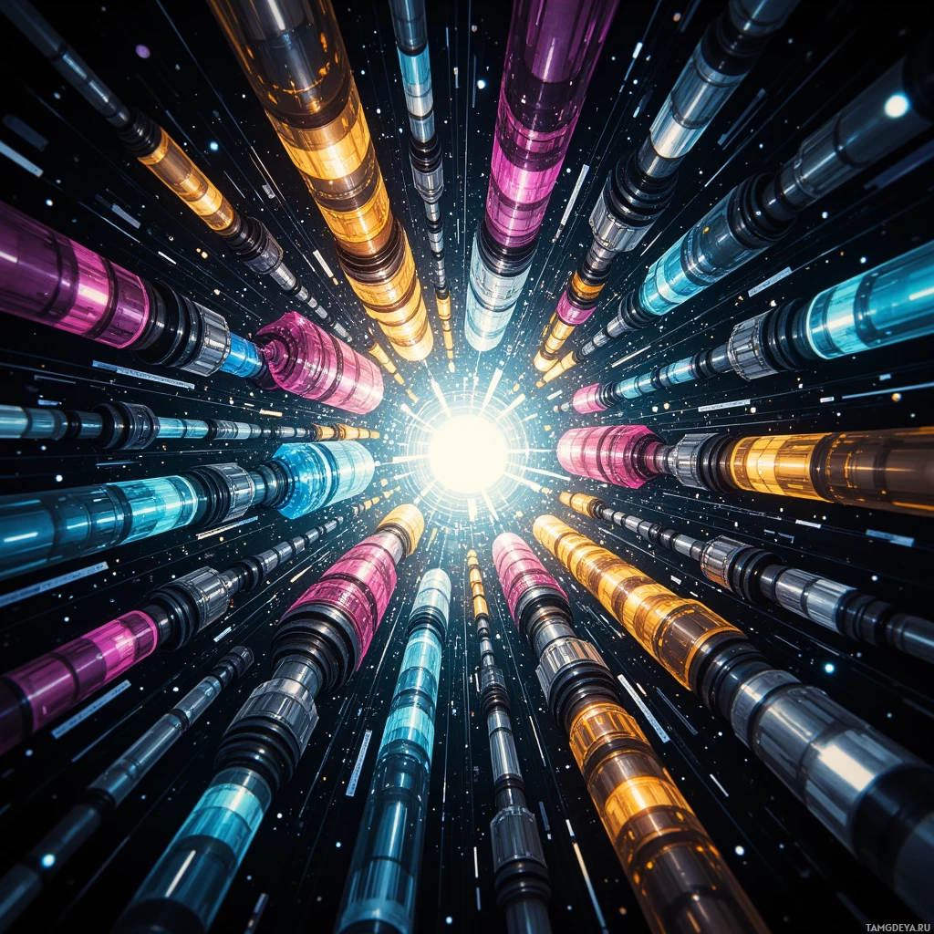 A vibrant, futuristic tunnel composed of colorful cylindrical structures converging towards a bright light at the center.