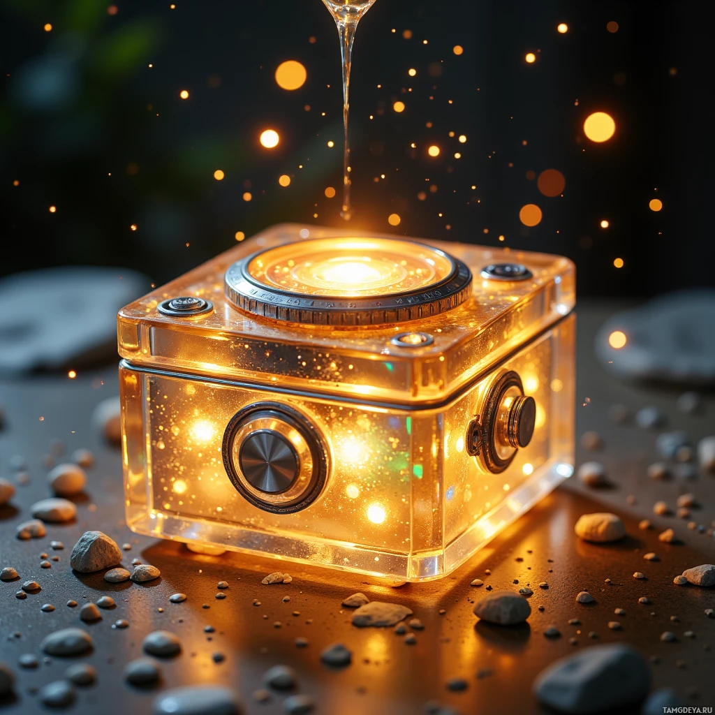 A glowing, transparent box with a circular component on top, surrounded by small stones and a glowing liquid stream.