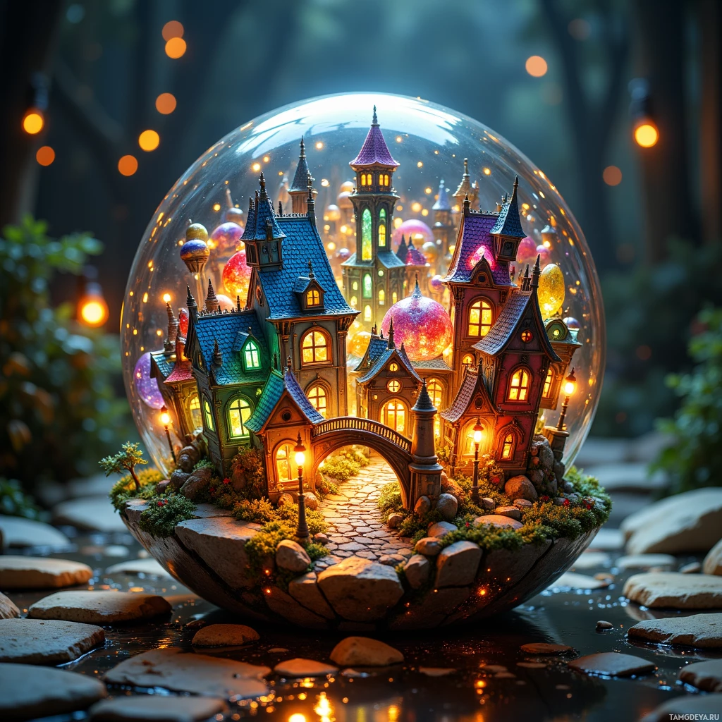 A miniature fairy tale castle inside a glass sphere surrounded by glowing lights and greenery.