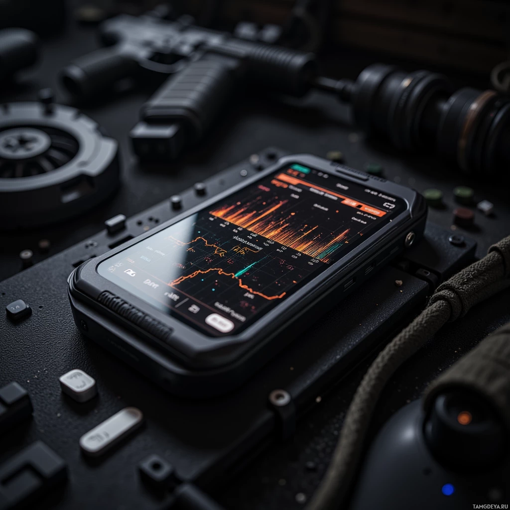 A rugged smartphone displaying a graph sits atop a dark, textured surface with various electronic components.