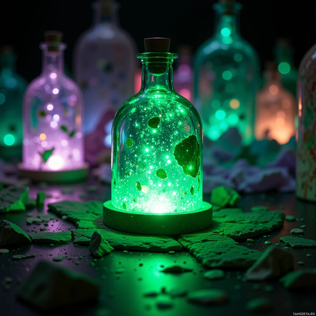 A glowing green bottle with cork sits on a dark surface surrounded by scattered green stones and other bottles with glowing contents.