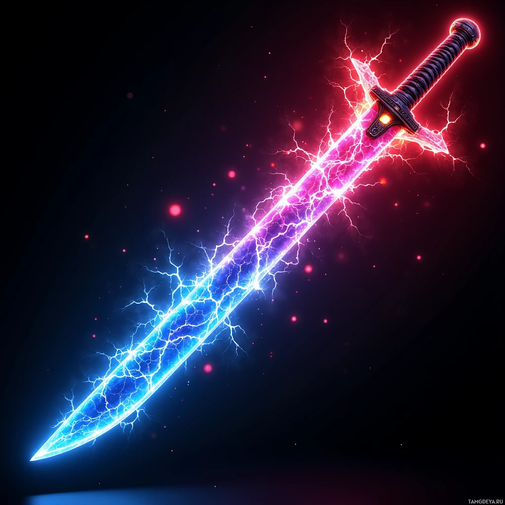A glowing sword with blue and red lightning effects against a dark background.