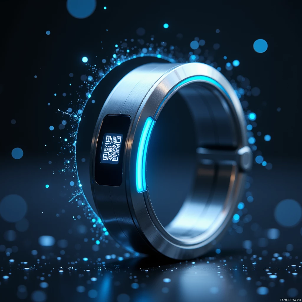 A futuristic metallic ring with a glowing blue light and QR code.