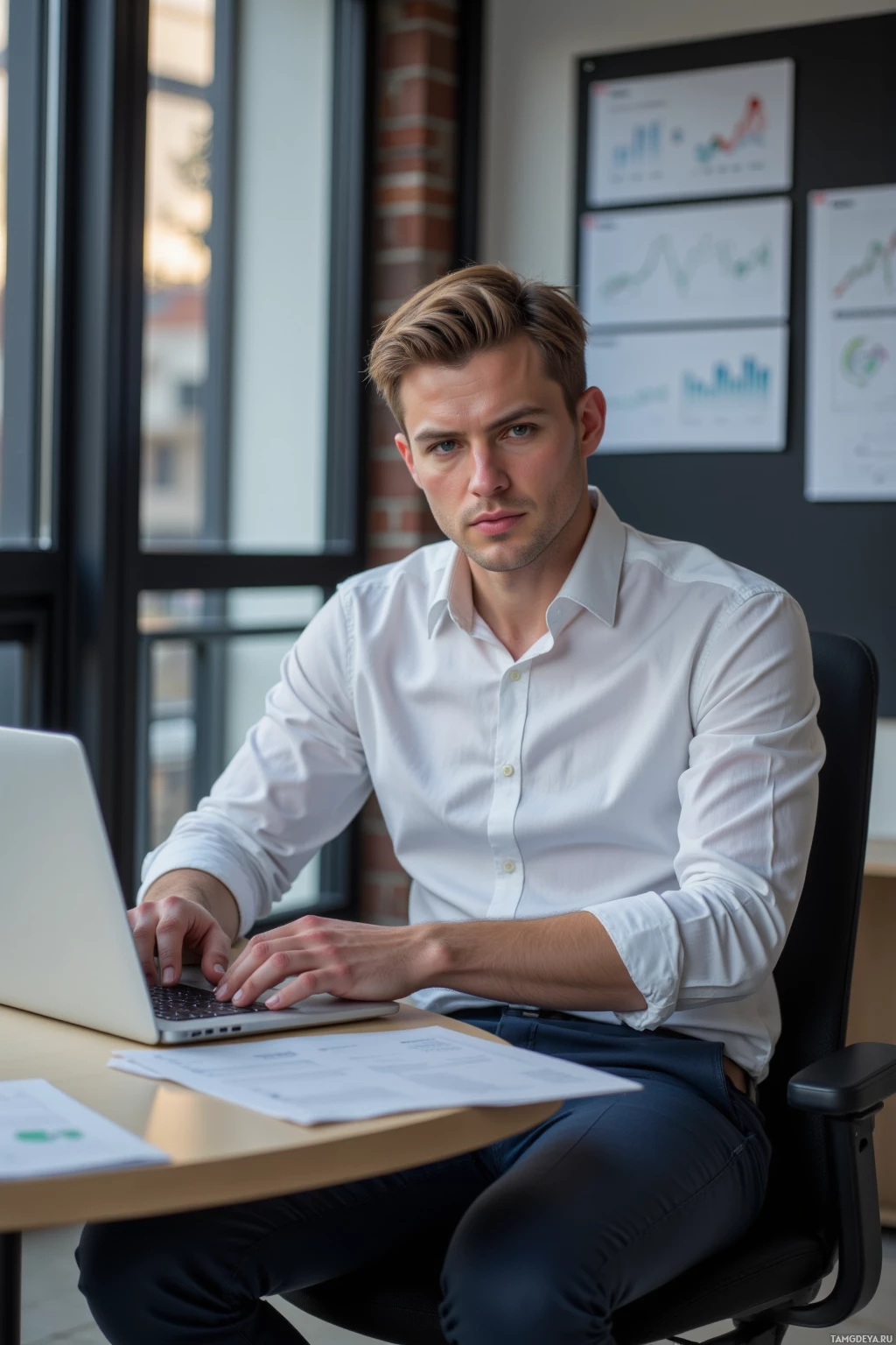 A man in a white shirt sits at a desk, working on a laptop in an office setting.