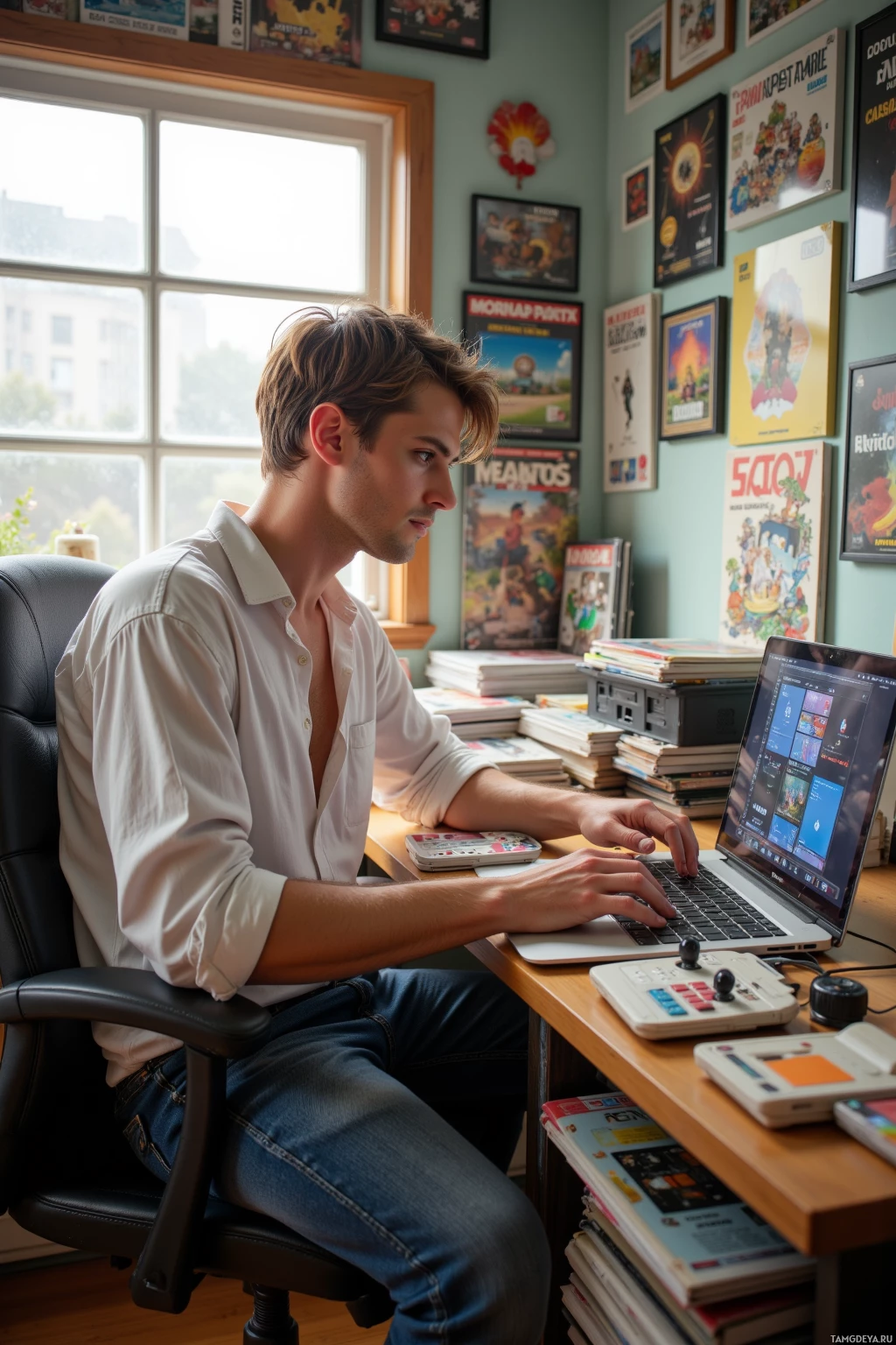 A person is seated at a desk, working on a laptop in a room decorated with video game posters.