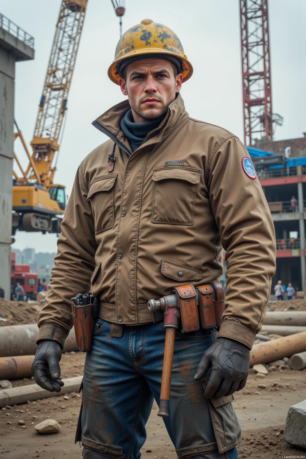 A construction worker wearing a hard hat, jacket, gloves, and jeans stands at a construction site.