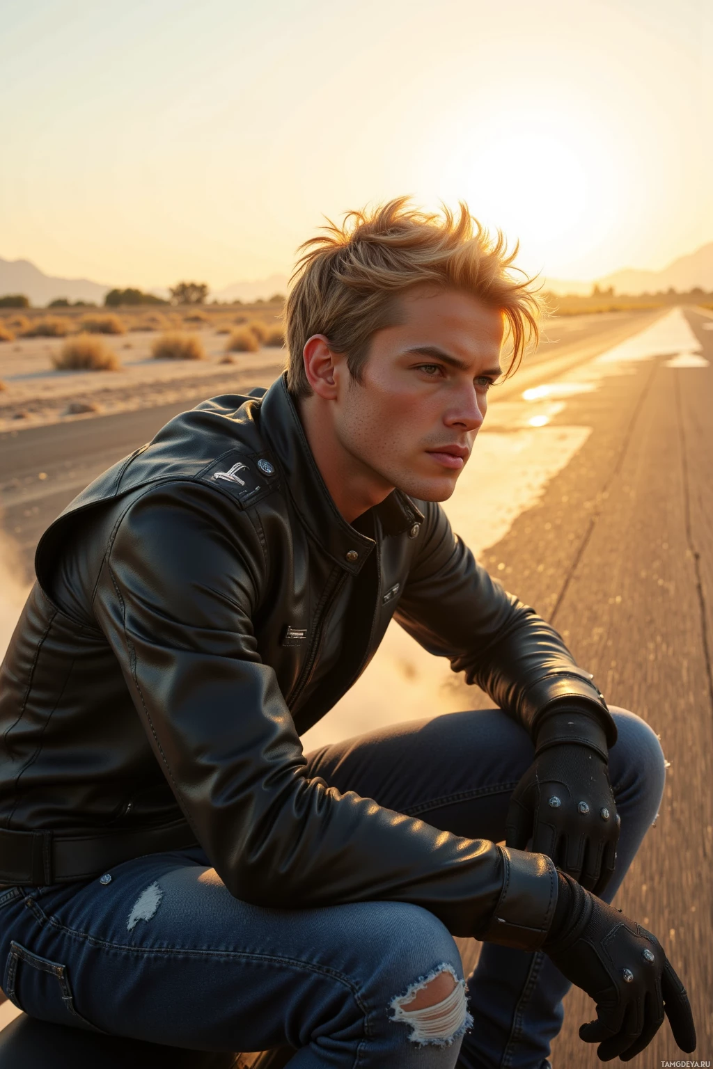 A person in a leather jacket and gloves sits on a road at sunset.