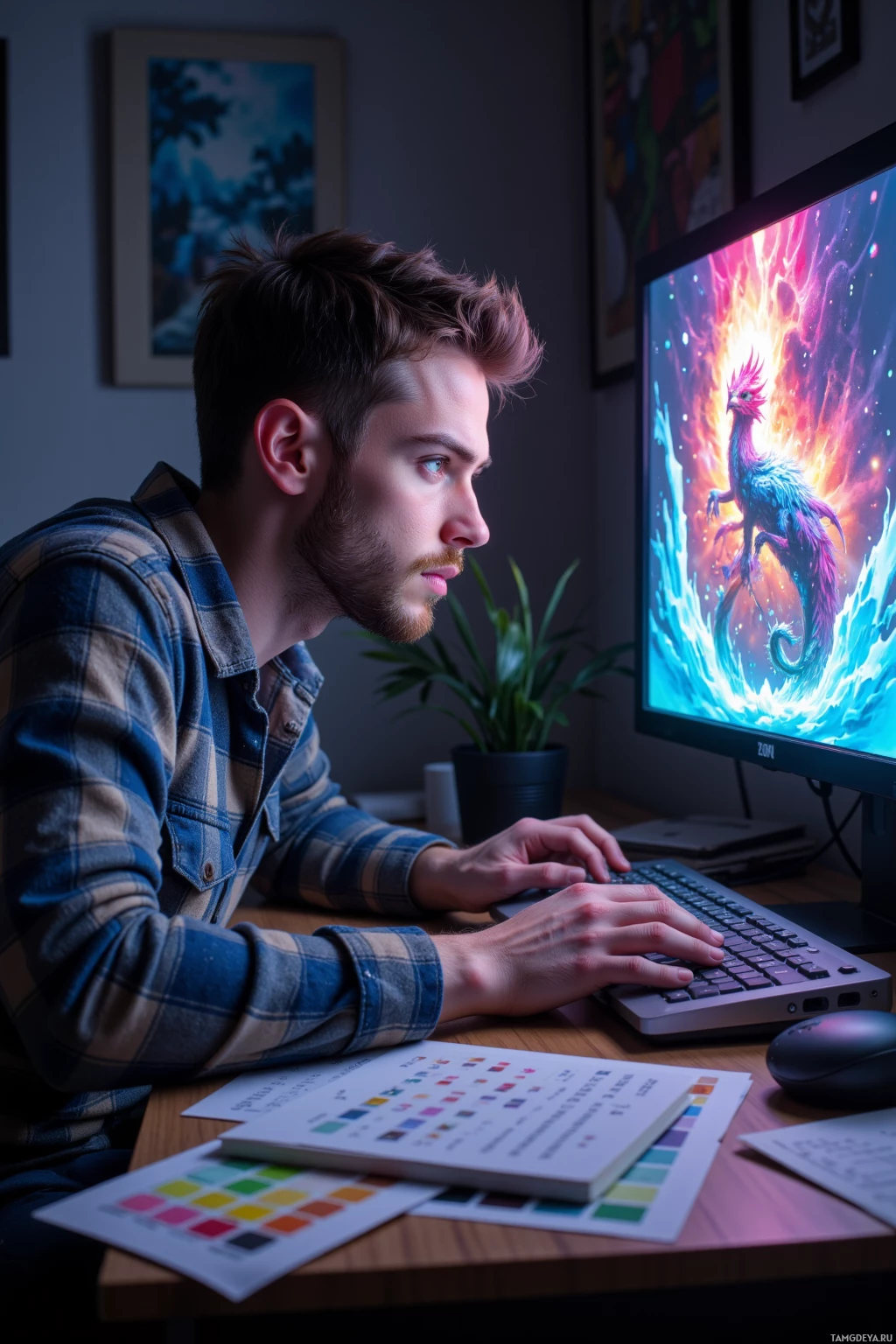 A person is working at a desk with a computer, surrounded by a plant and color charts.