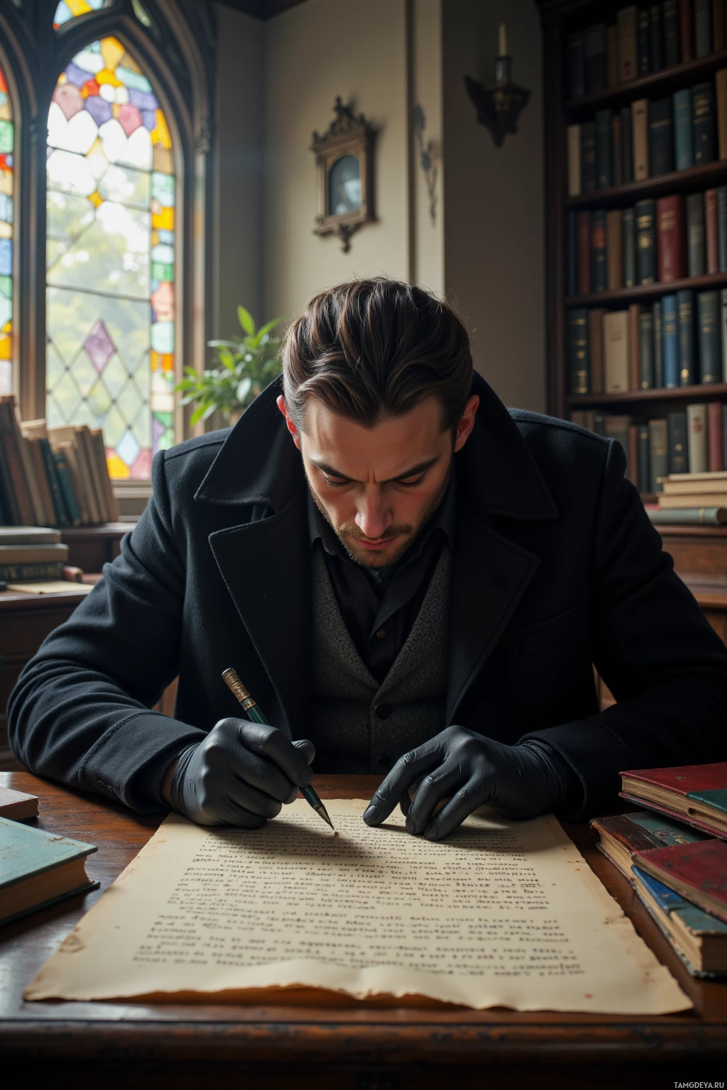 A man in a dark coat and gloves is writing on a large piece of paper in a room with bookshelves and stained glass.