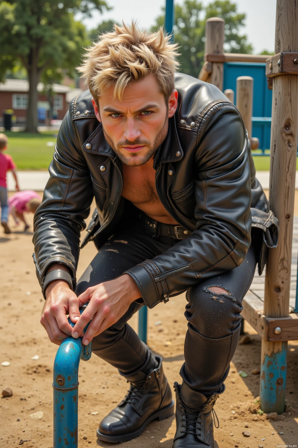 A man in a leather jacket and pants poses on a playground structure.