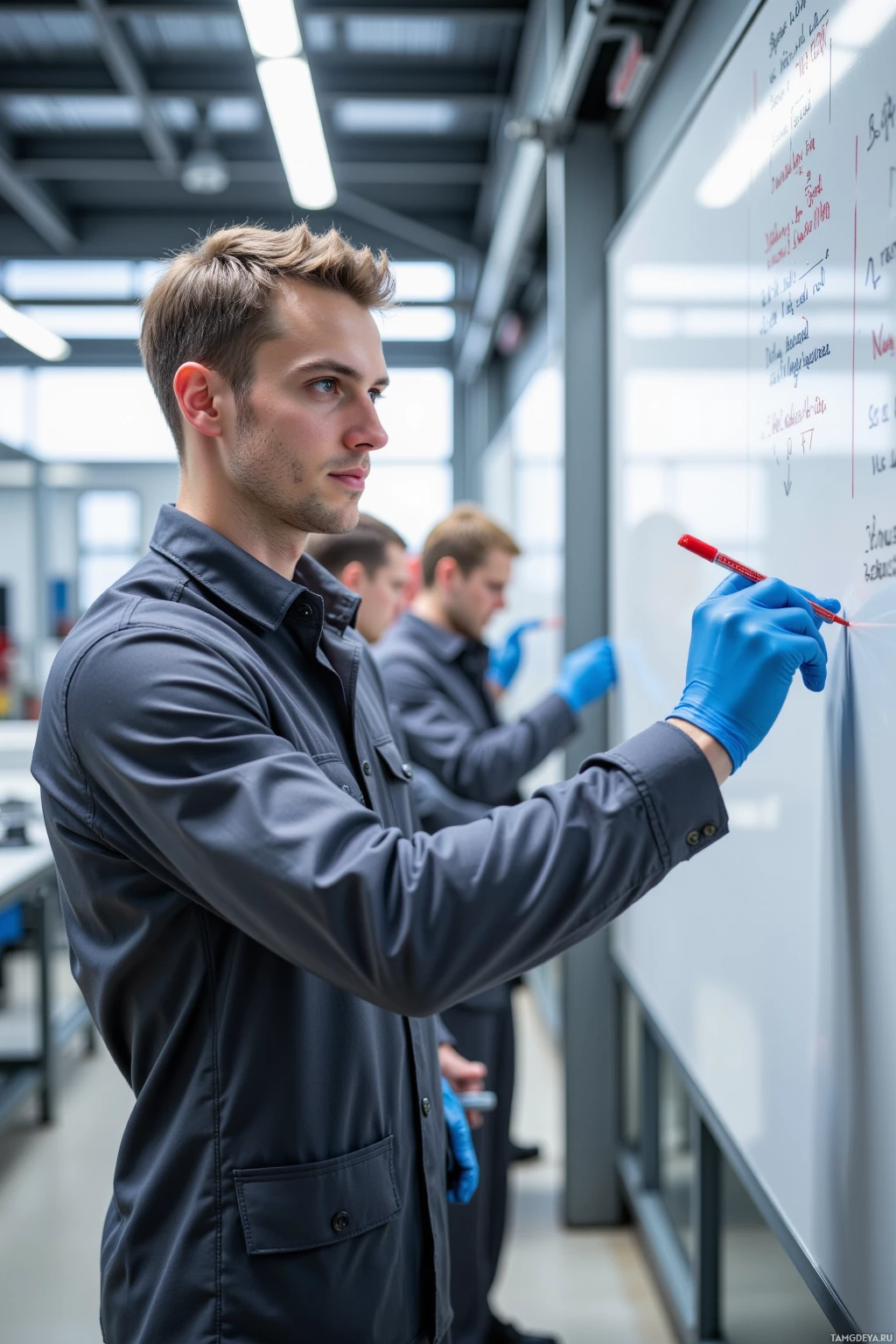 A person in a lab coat and gloves writes on a whiteboard in a laboratory setting.