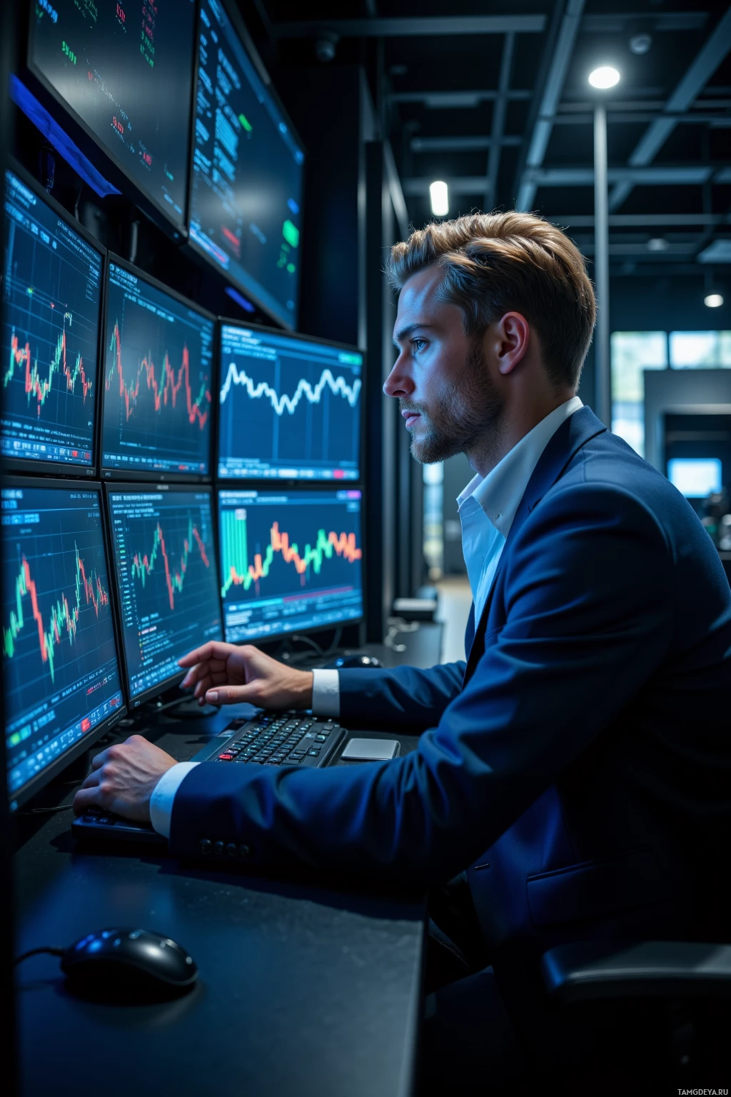 A man in a suit is working at a desk with multiple computer monitors displaying financial data.