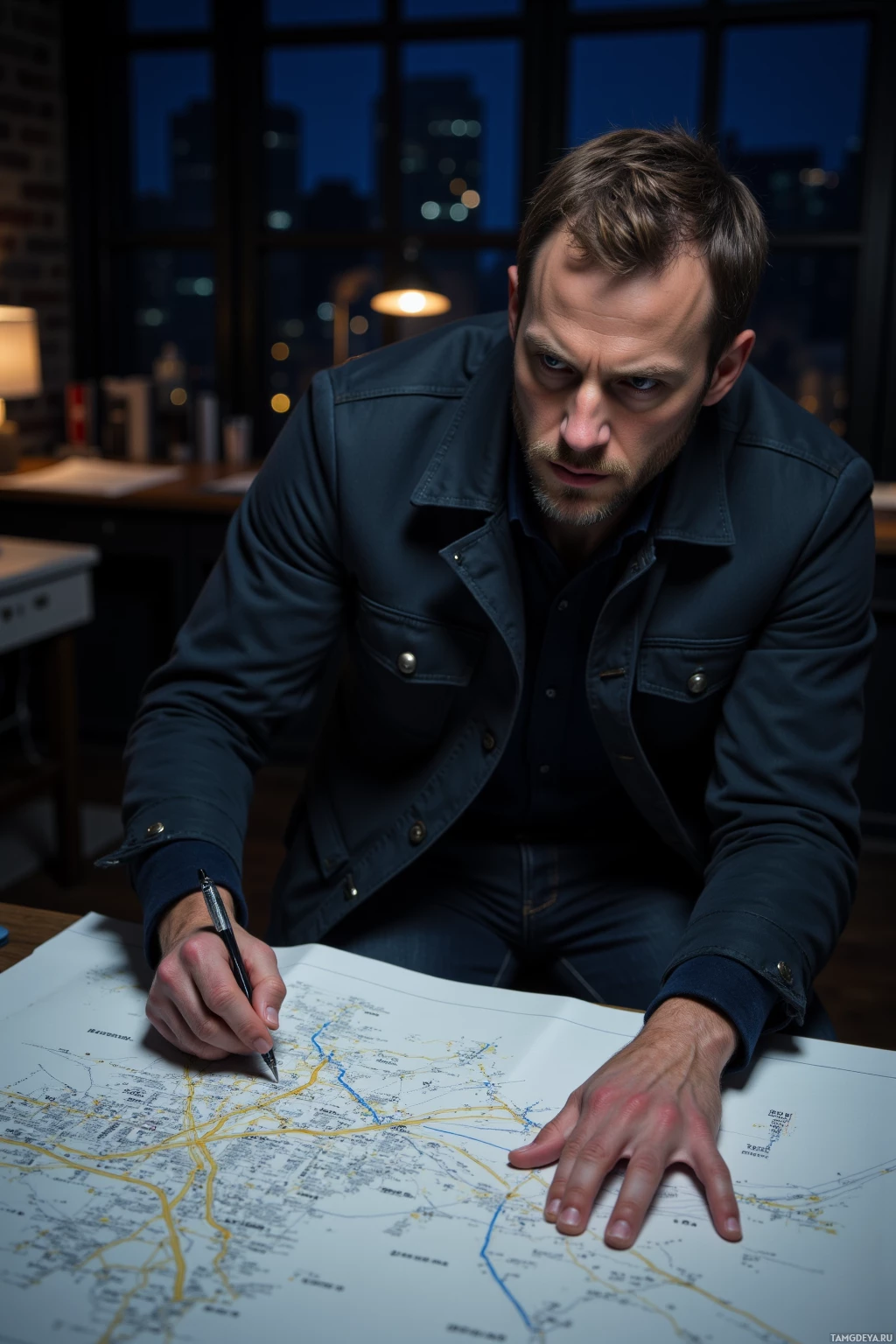 A man in a dark jacket is studying a detailed map at a desk.