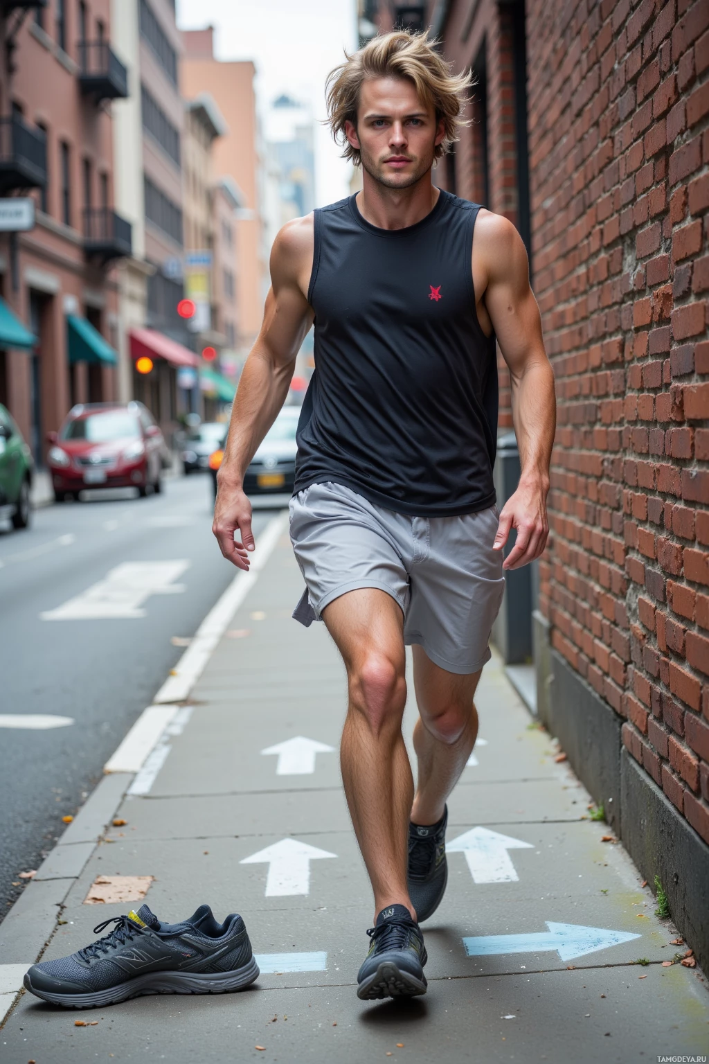 A man in athletic attire walks along a city sidewalk.