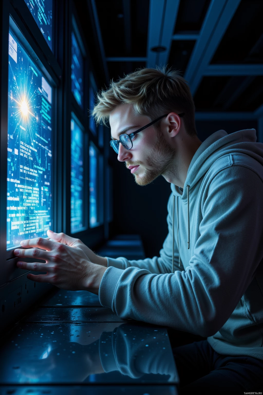 A person wearing glasses and a hoodie is working on a computer in a dimly lit room.