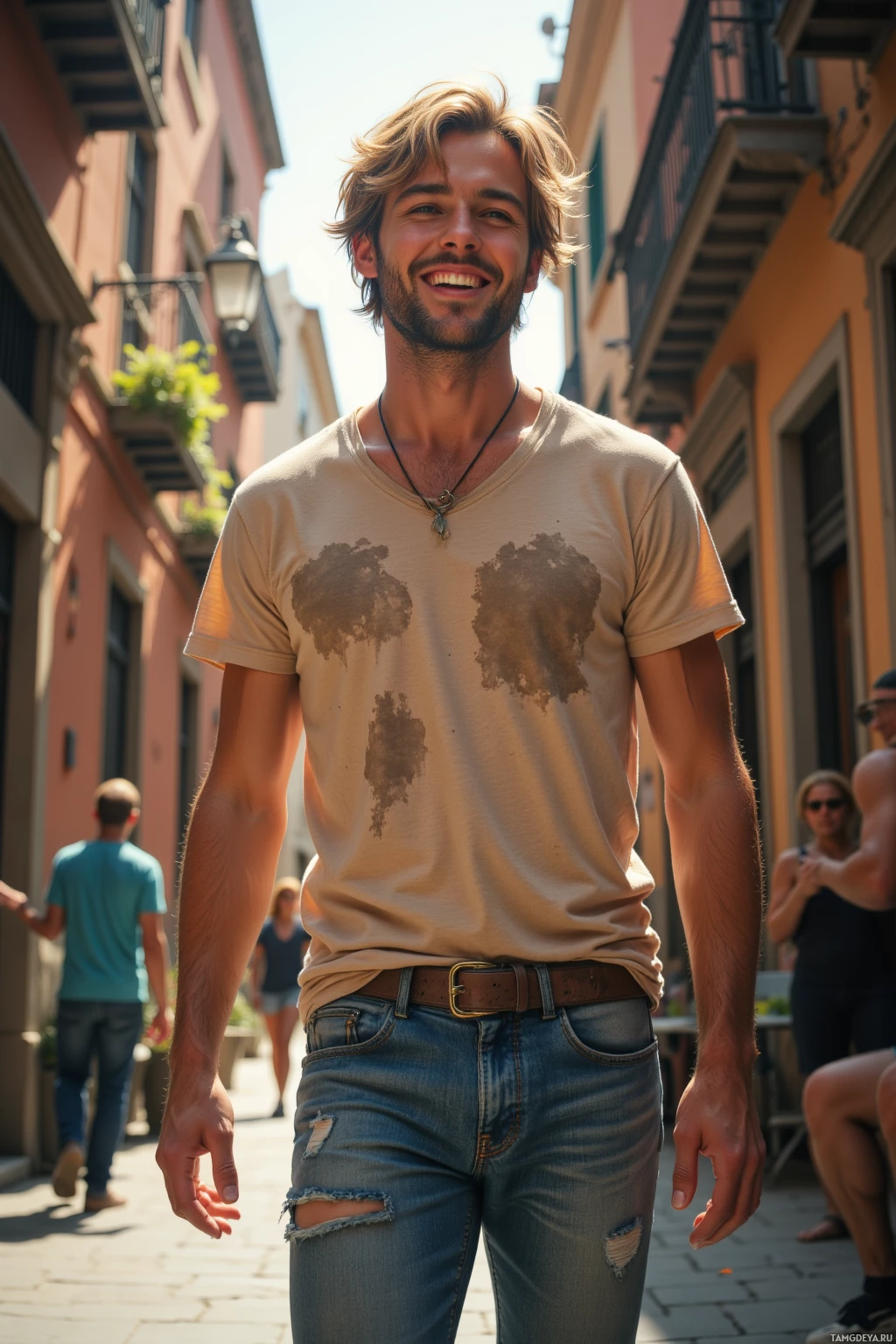 A man in a beige t-shirt and jeans smiles while walking down a sunny street.