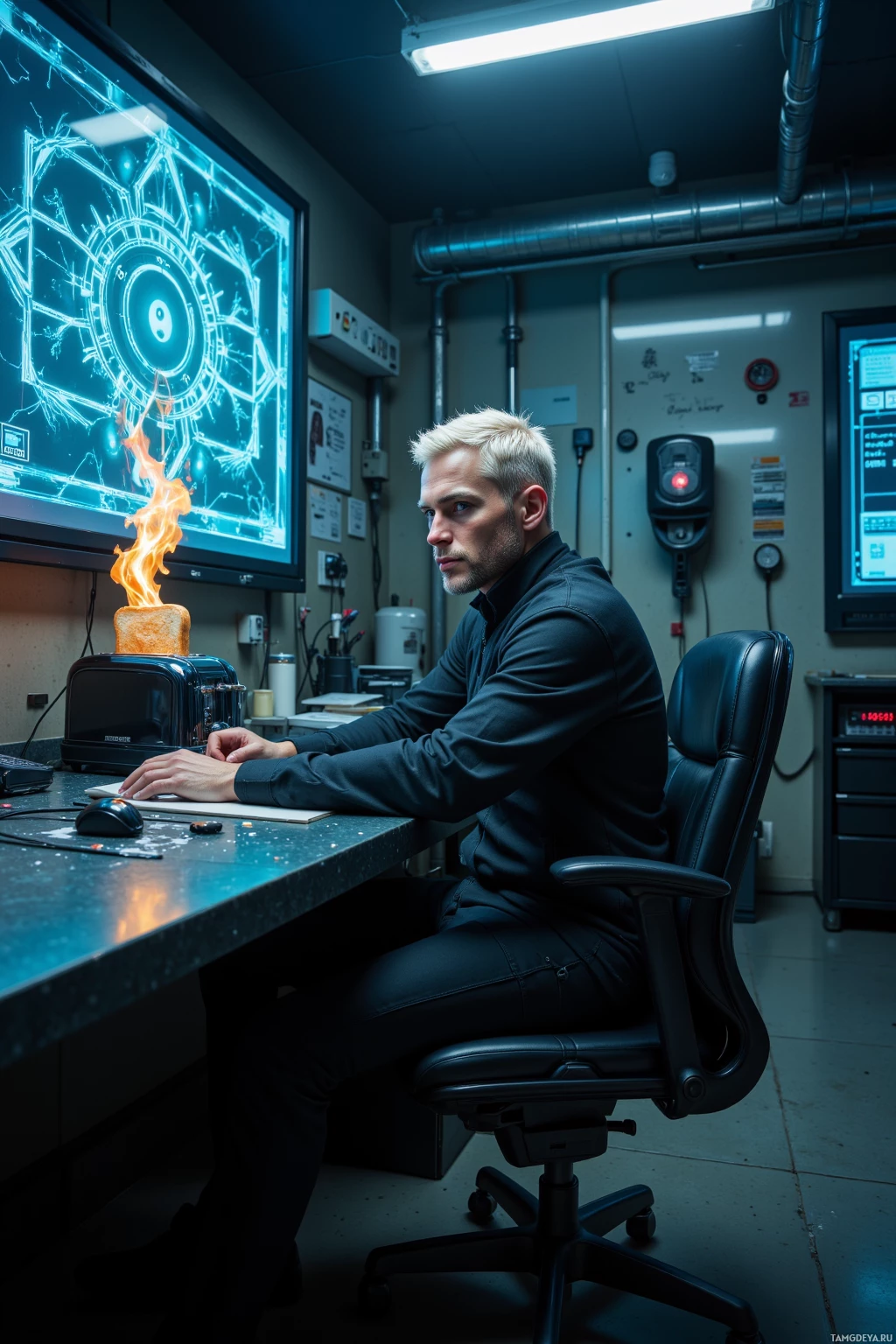 A man sits at a desk in a dimly lit room, working on a computer with a large screen displaying a complex diagram.