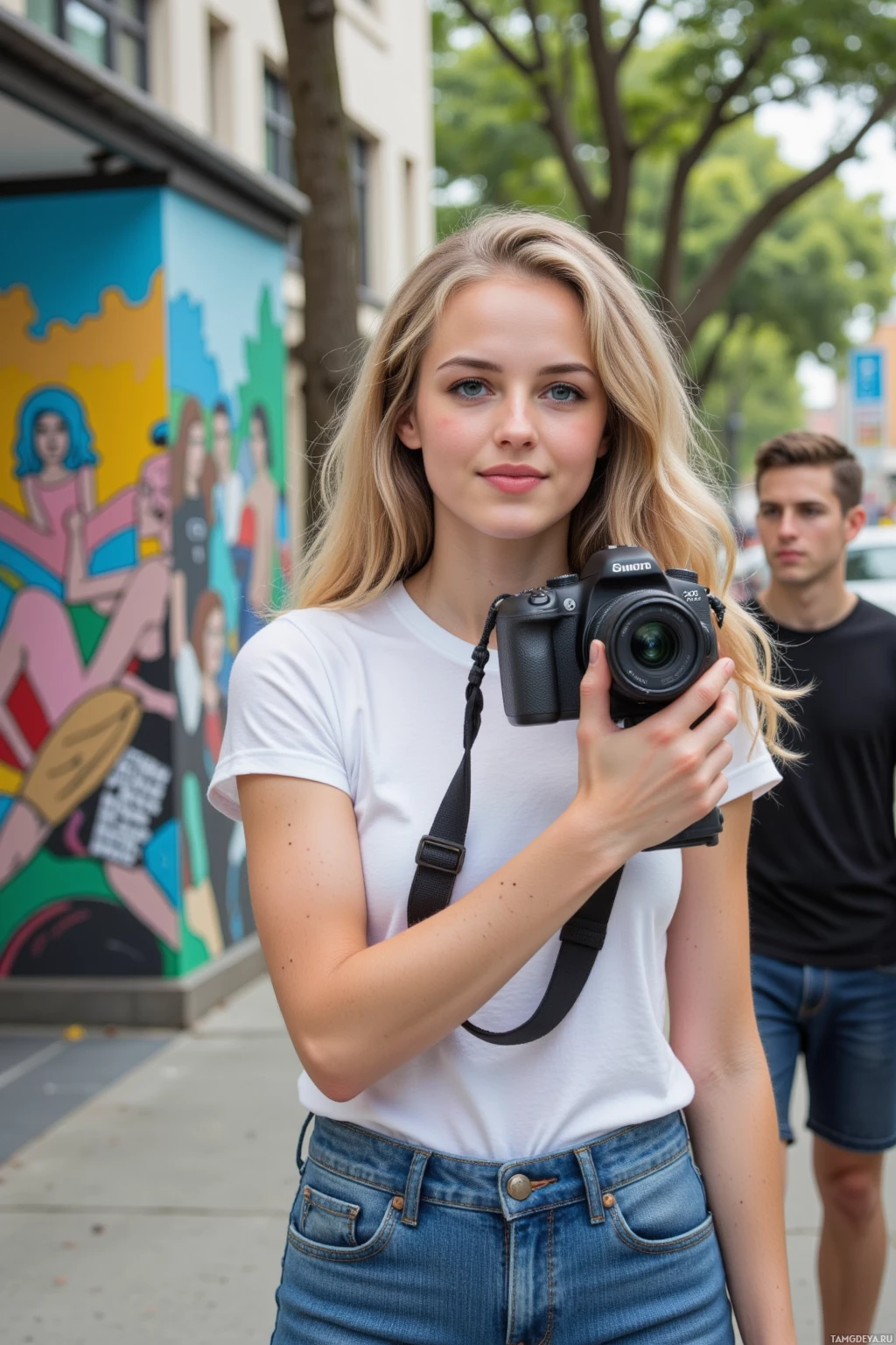 A person holding a camera stands on a sidewalk near a colorful mural.
