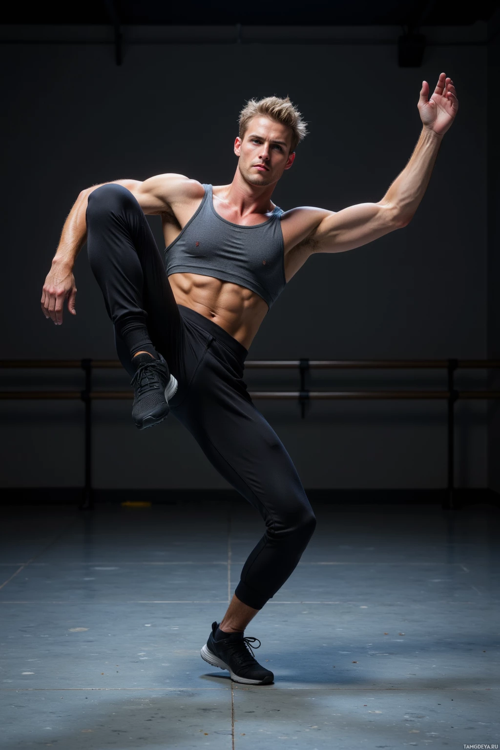 A male dancer in a studio performing a dynamic pose with one leg extended and arms outstretched.