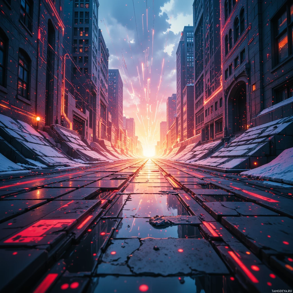 A futuristic cityscape with glowing red lines and a bright light at the horizon.