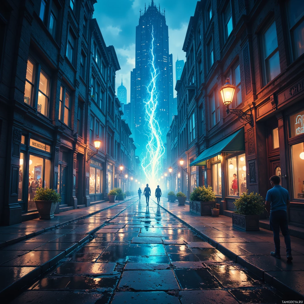A city street scene with tall buildings, glowing windows, and a striking lightning bolt in the sky.