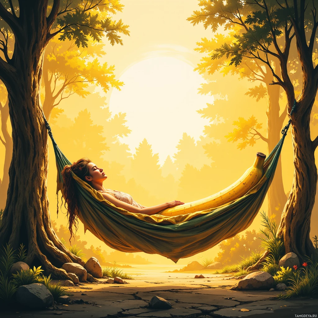 A woman relaxes in a hammock suspended between two trees, bathed in golden sunlight.