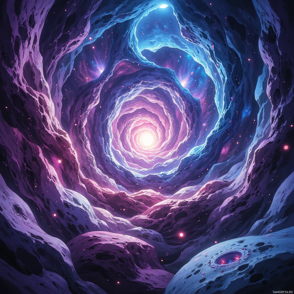 A vibrant cosmic tunnel with swirling purple and blue hues and glowing particles.