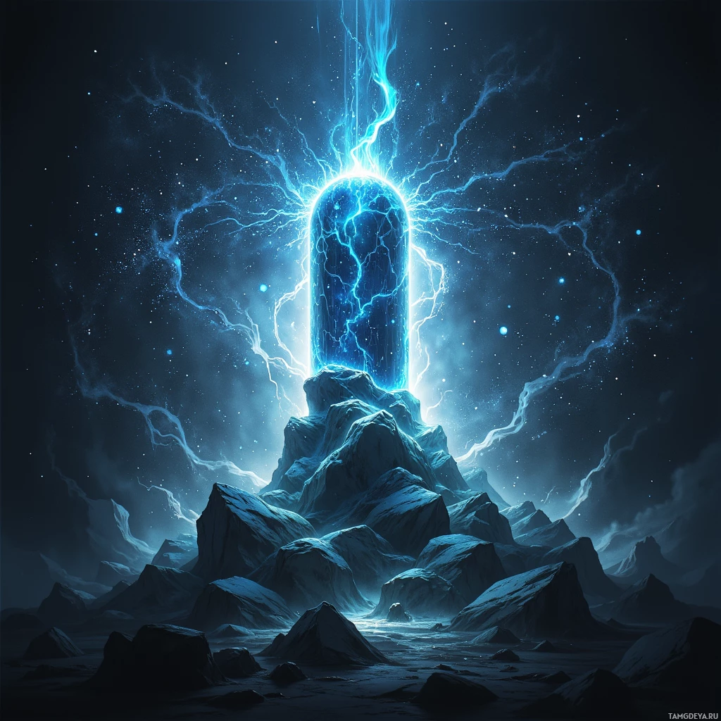 A glowing blue energy pillar rises from a rocky landscape under a starry night sky.