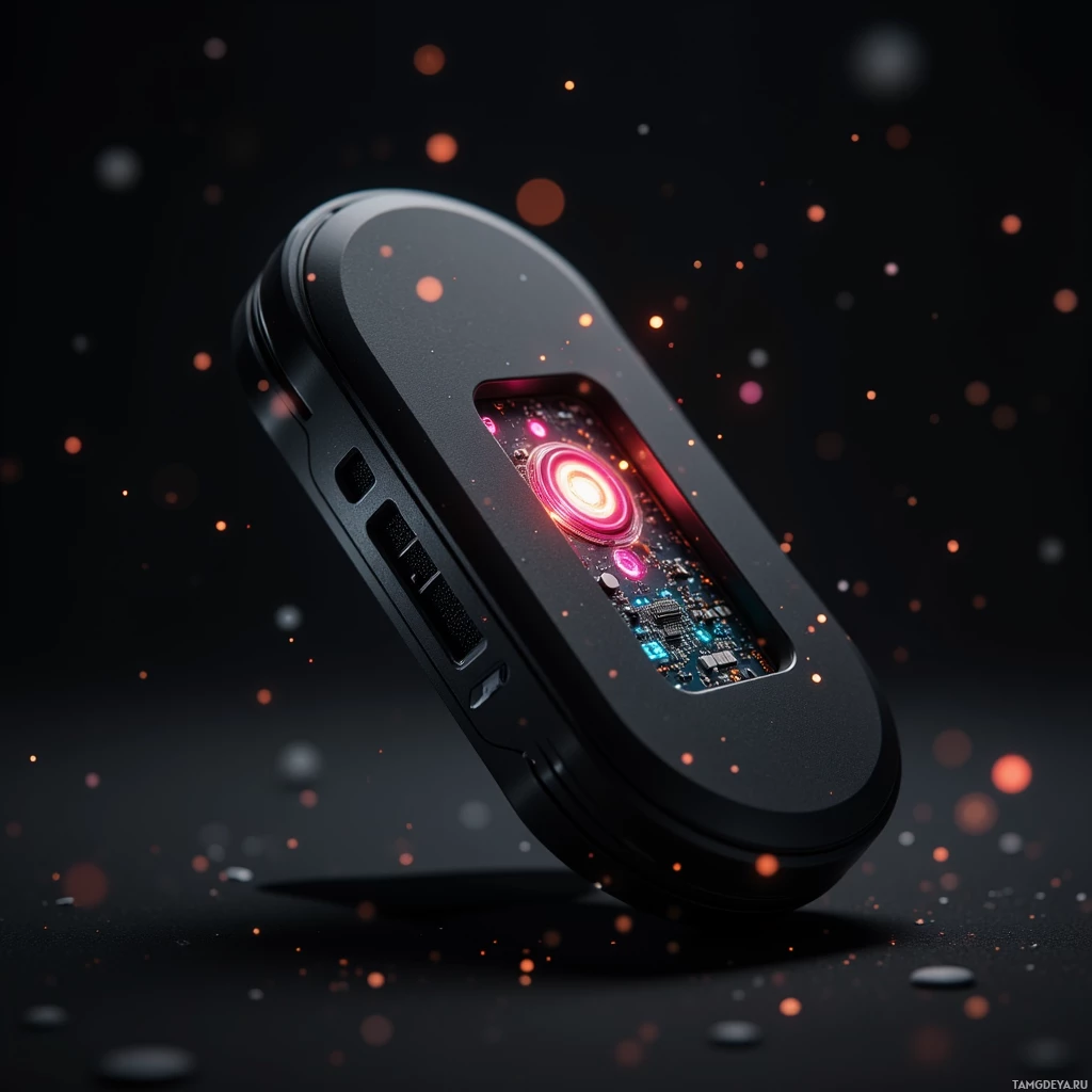A futuristic device with glowing internal components and a dark, reflective surface.