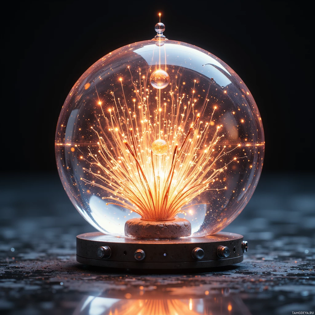 A glowing, spherical object with intricate, radiating light patterns sits atop a dark, metallic base.