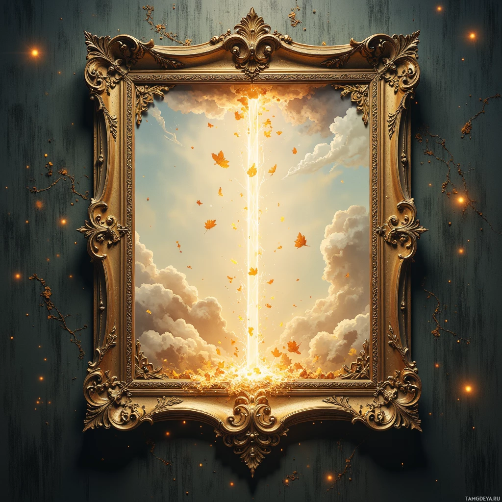 A golden-framed artwork depicts a radiant sky with falling leaves and glowing particles.