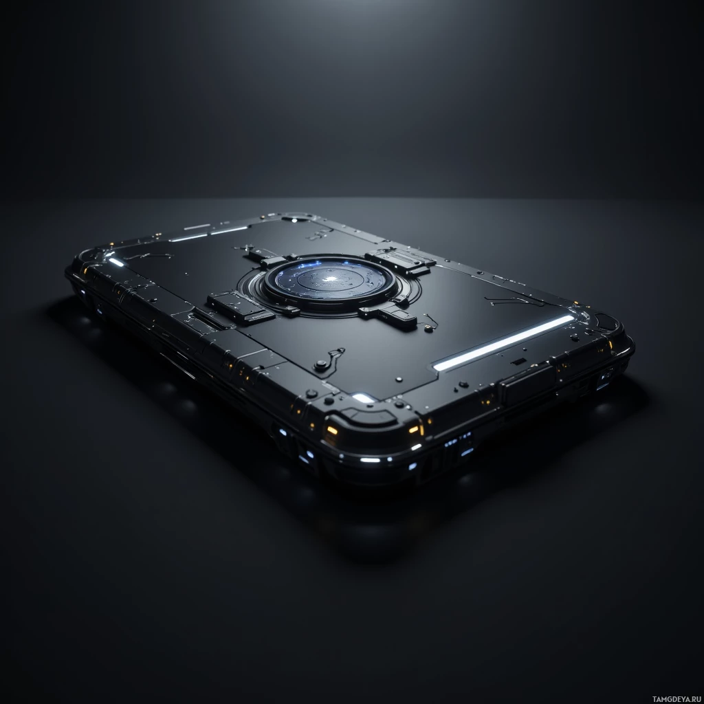 A futuristic, black, rectangular device with glowing blue and orange lights and intricate details.