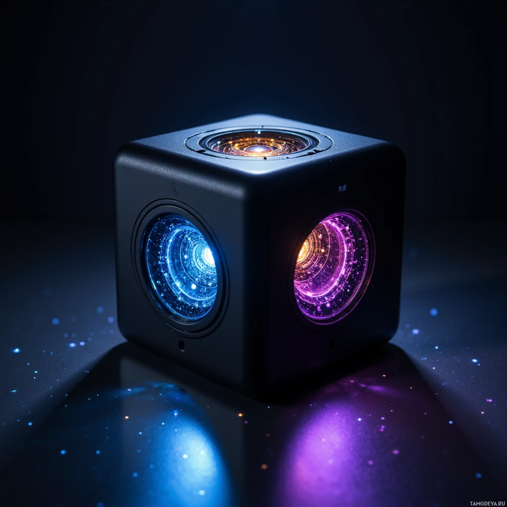 A glowing, futuristic cube with two circular lights emitting blue and purple light against a dark background.