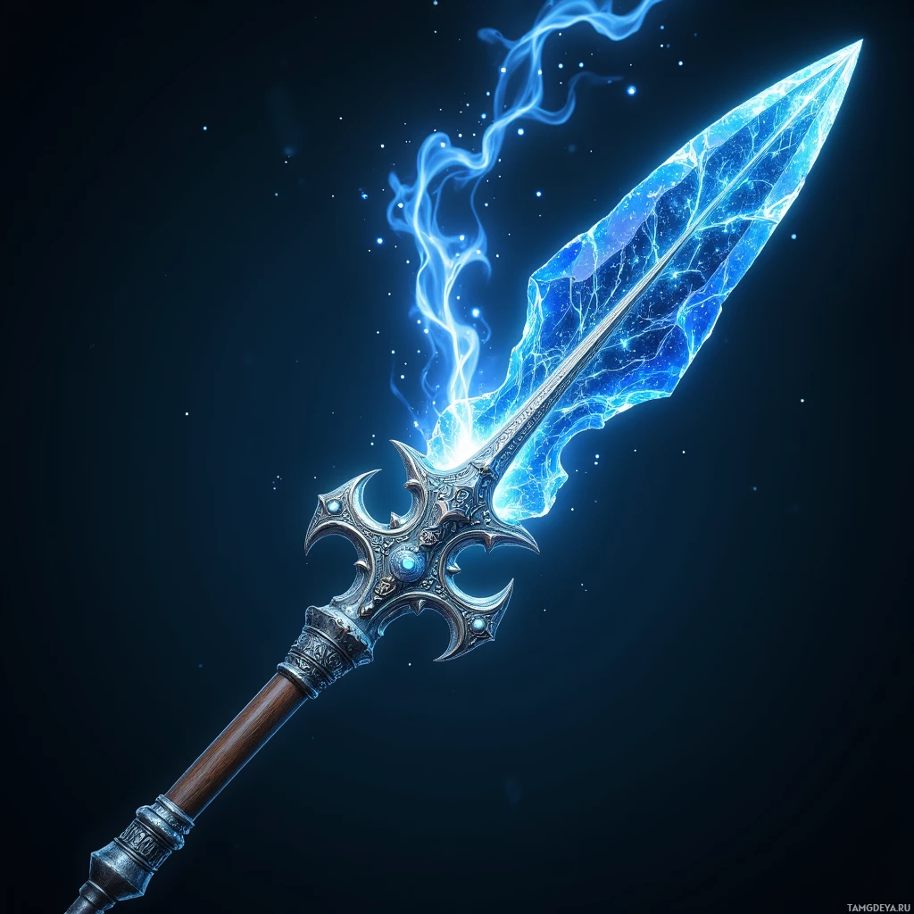 A glowing blue magical sword with intricate designs and a glowing blade.
