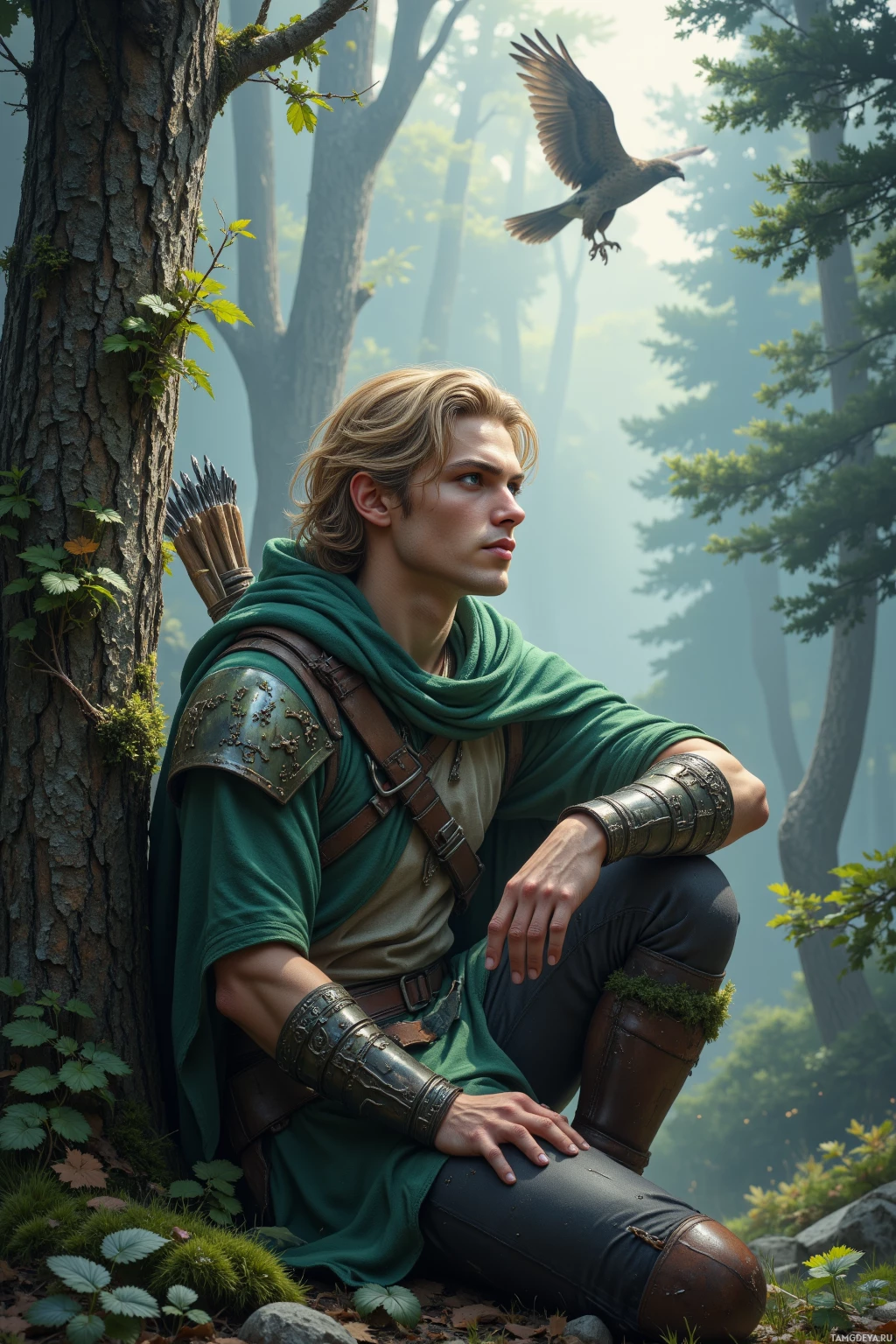 A man in medieval attire sits in a forest, leaning against a tree, with a quiver of arrows on his back and a hawk flying nearby.